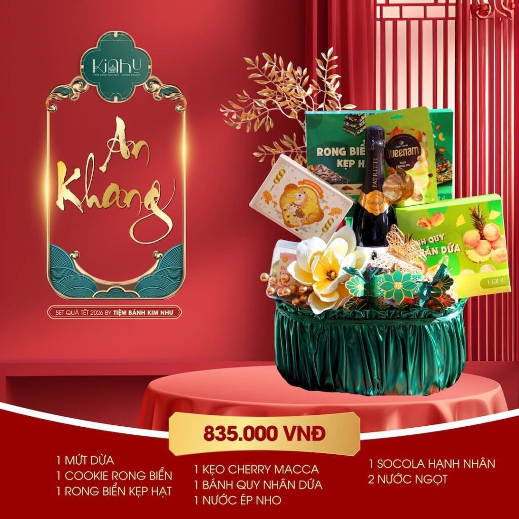 Giỏ quà tết hiện đại cao cấp, bánh kẹo và rượu vang